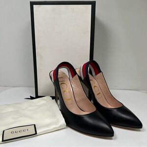 GUCCI WEB SLINGBACK BLACK LEATHER 3.25" HEELS PUMP SHOES 38.5 / US 8.5